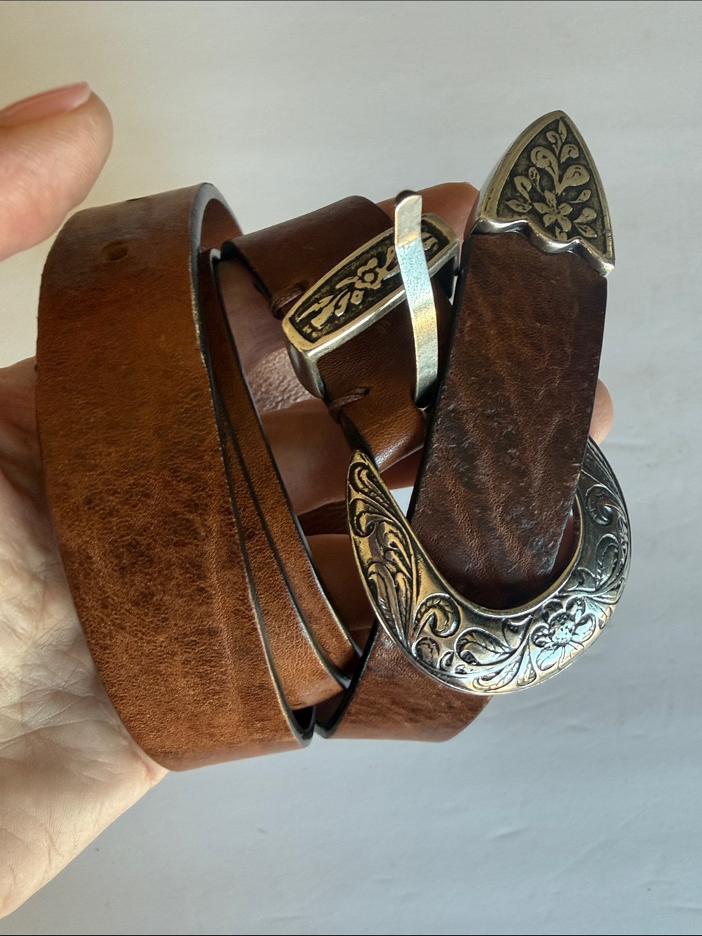 Sundance Brown Leather Belt with Ornate Silver Western Buckle